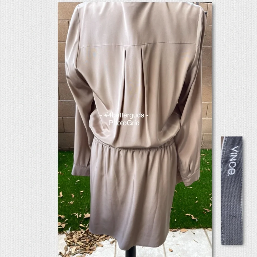 NEW Vince. 100% Silk Mink Nude Color Drawstring Waist Long Sleeve Shirt Dress 12 - Picture 15 of 16